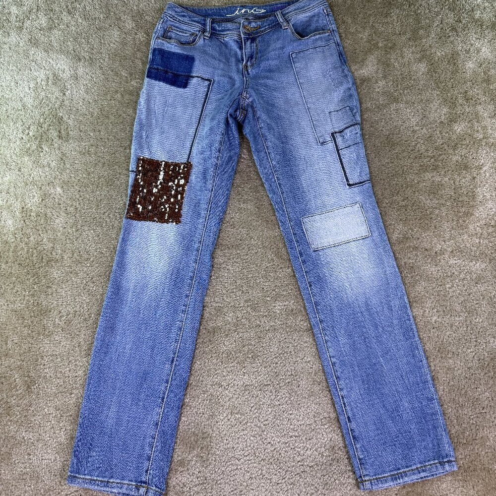 INC Women’s Jeans Boyfriend Curvy Fit Sz 0 Light blue denim patchwork E483